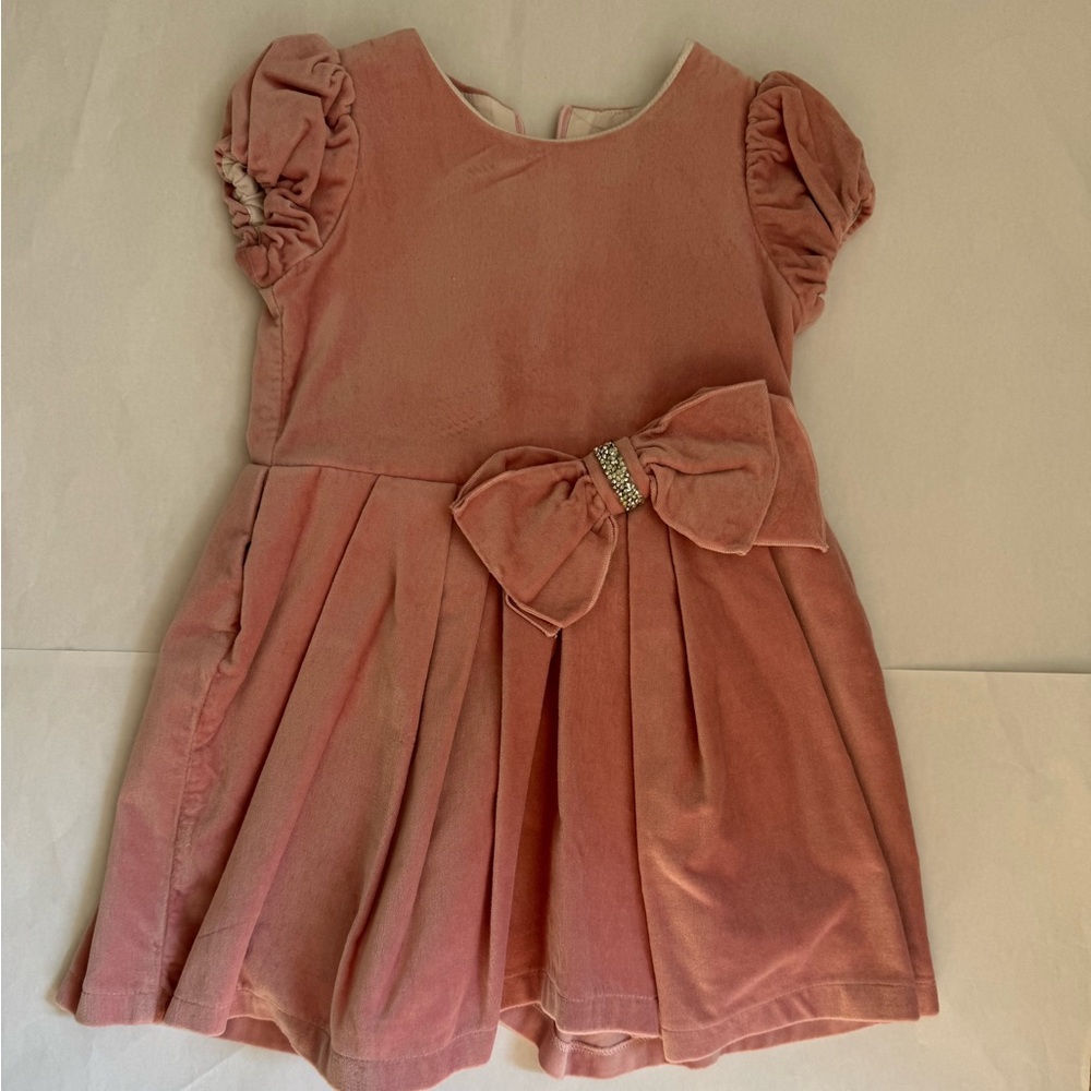 Pink Velvet Kids Dress with Bow